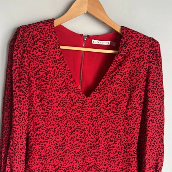 Alice + Olivia Polly Fit Flare Leopard Print Long Sleeve Mini Red Dress - Picture 6 of 15